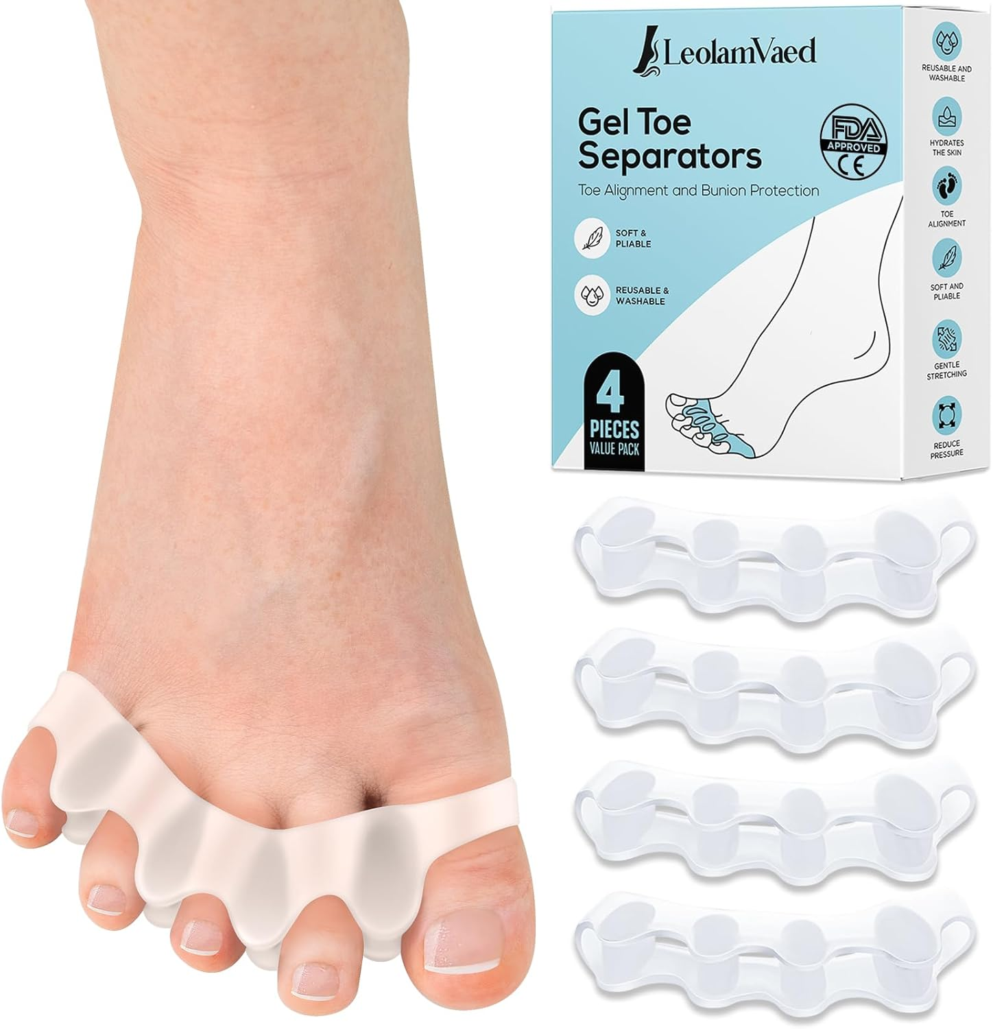 (4 Pieces in Two Types) Toe Separators & Toe Spacers for Feet Men and Women, Fast Pain Relief from Hammer Toe & Bunions, Medical Grade Gel Hammer Toe Corrector Straightener for Walking & Yoga
