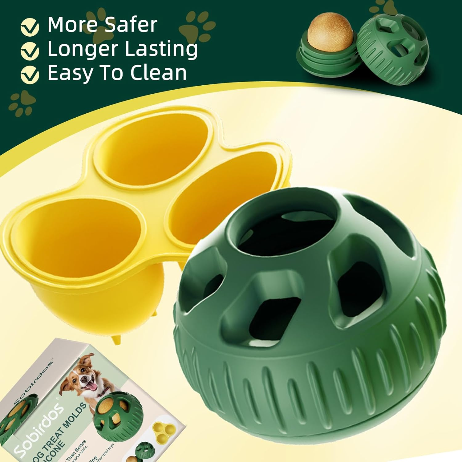 2Pcs Dog Chew Toys with Silicone Tray Mold,Frozen Dog Food Snack Balls,Dog Treat Molds Silicone,Freezable Fillable Rubber Dog Toys,Green Balls and Yellow Molds image number 2