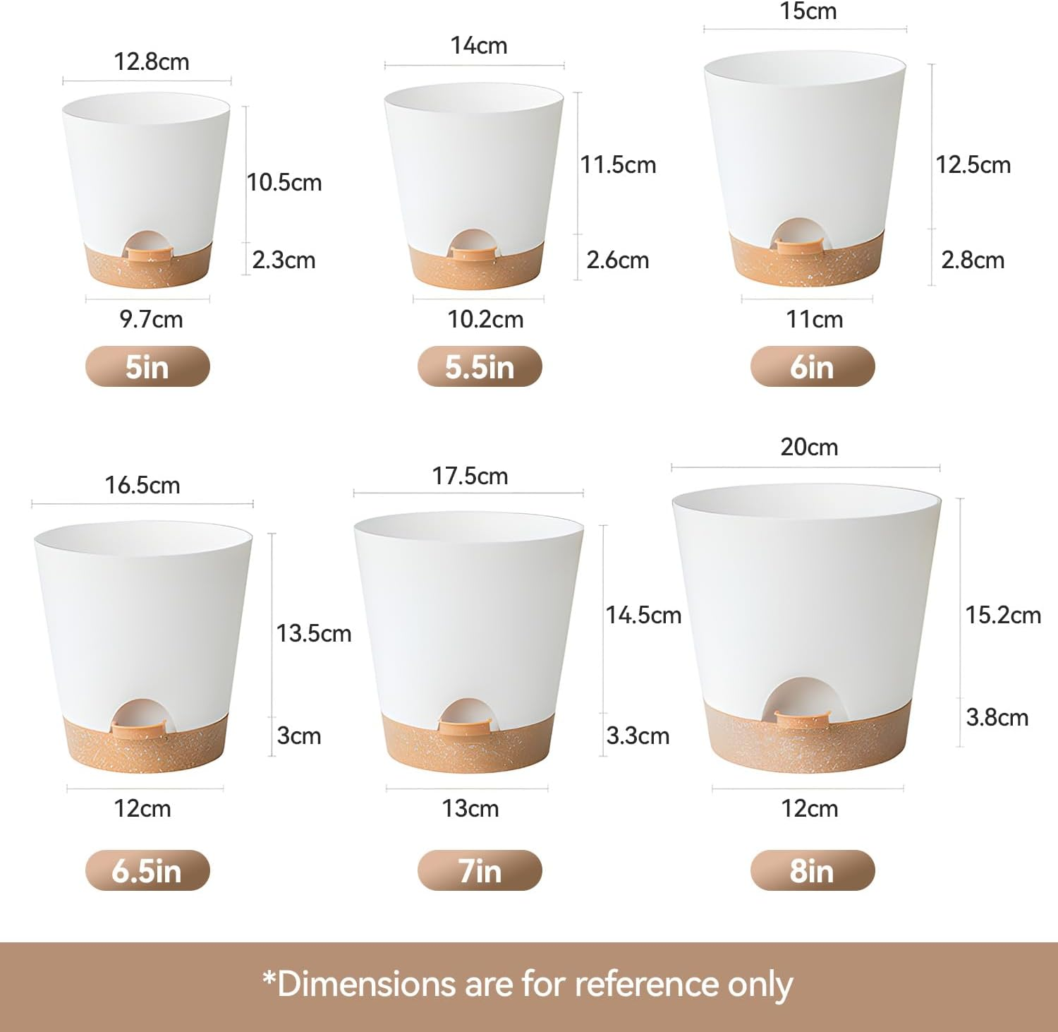 6 Pack Plant Pots, 8/7/6.5/6/5.5/5 Inch Self Watering Plant Pots with Drainage Holes and Saucers Modern Decorative Plastic Pots for All House Plants - White image number 6