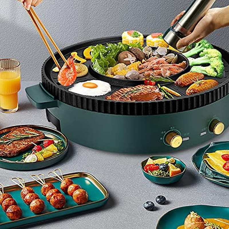 Electric Barbecue Hotpot 2 In1 BBQ Grill Non-Stick Barbecue Pan Smokeless Hot Pot Machine BBQ (AU Plug) (Green) - White image number 3