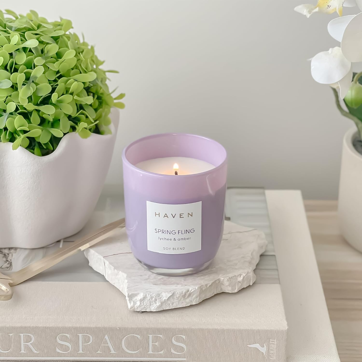 Haven Lychee & Amber Scented Soy Blend Candle - Natural, Non-Toxic, Long-Lasting Burn in Purple Glass Jar for Home Decor & Aromatherapy image number 1