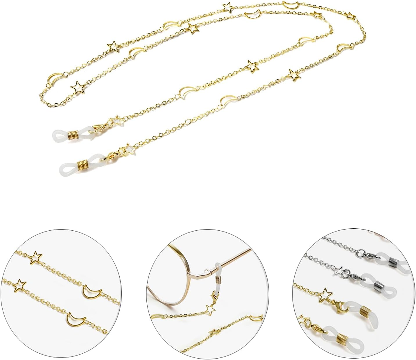 LERTREE 2 Pcs Alloy Women Eyeglasses Chains with Star and Moon/Skeleton Pentagram Sunglass Lanyard Eyewear Retainer Sunglasses Strap image number 1