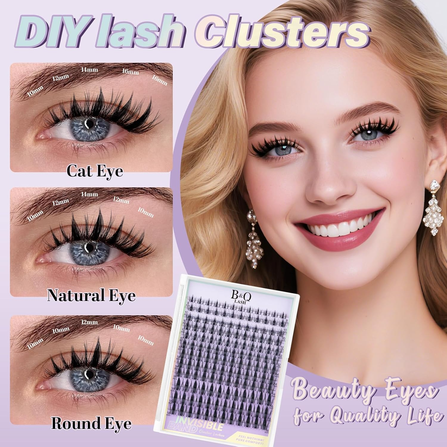 B&QLASH Fairy Lash Clusters Kit 8-18 MIX Natural Lashes Clusters Manga Lashes Invisible Band 144 Pcs Eyelash Extension Set with Lash Bond and Seal&Tweezer (Set-Fairy) - 70+90D image number 6
