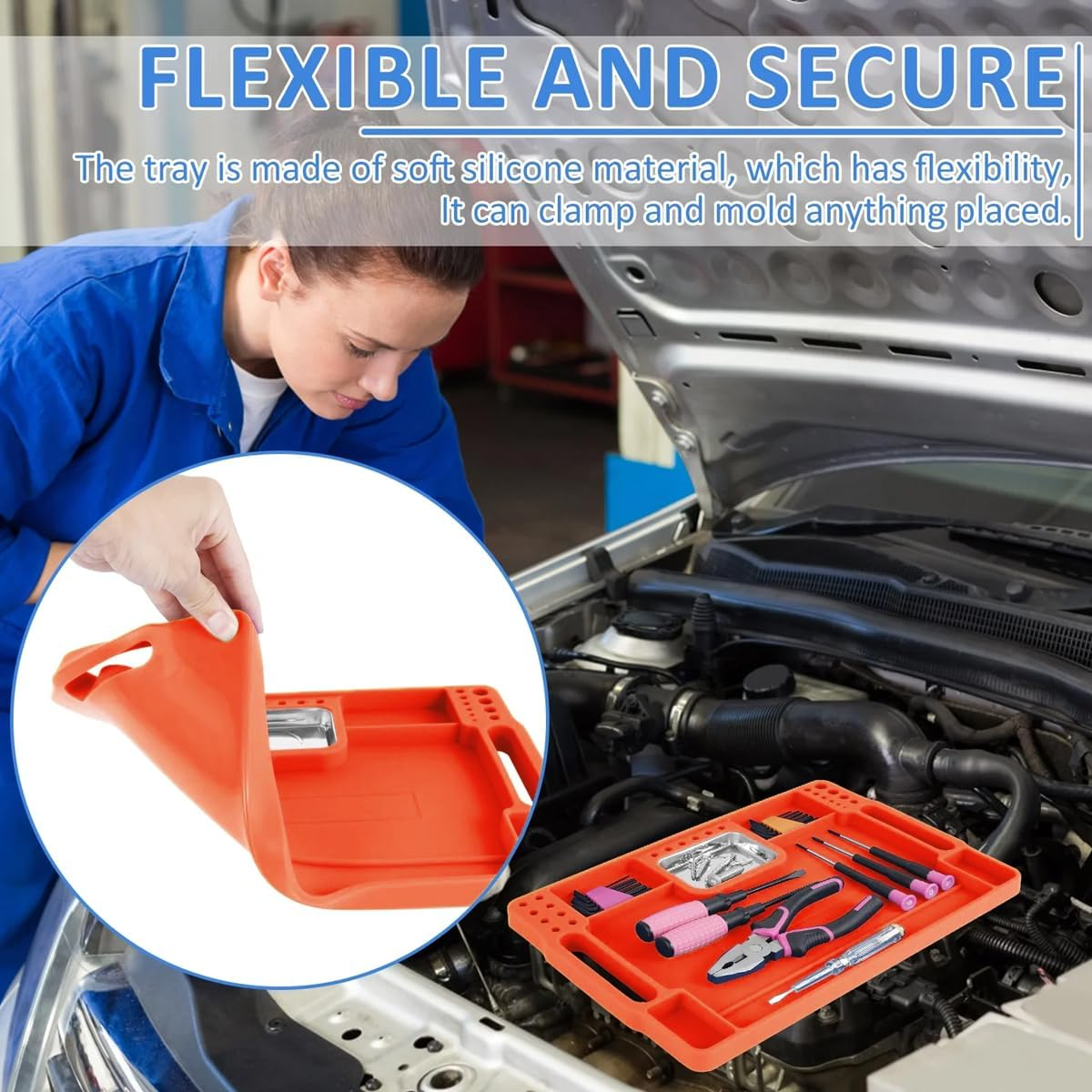 AIMALL Silicone Tool Tray with Stainless Steel Magnetic Tray, Orange, 14.17 X 9.05 Inches image number 6