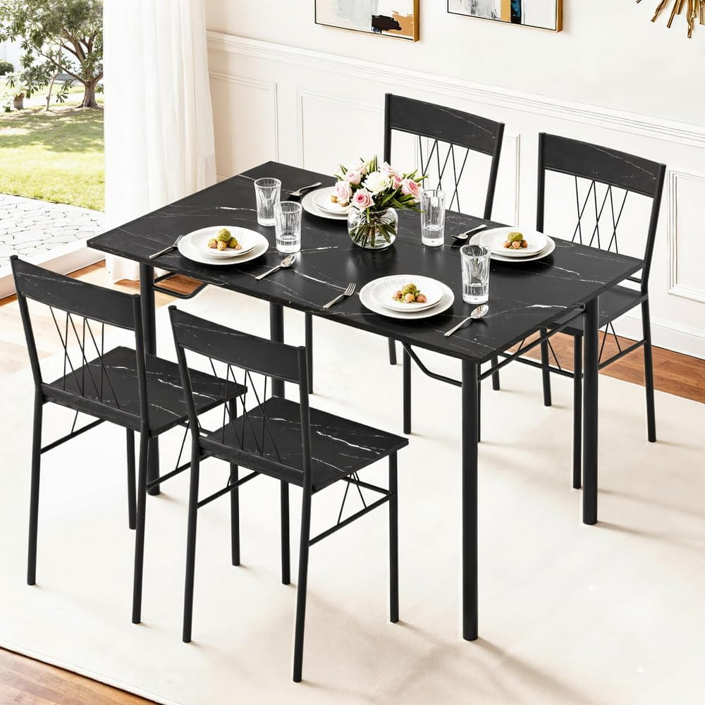 Artiss 5PC Modern Dining Table Set for 4, Black Marble Look Kitchen Table and Chairs, Compact Metal Frame Breakfast Nook Furniture for Small Apartment Home