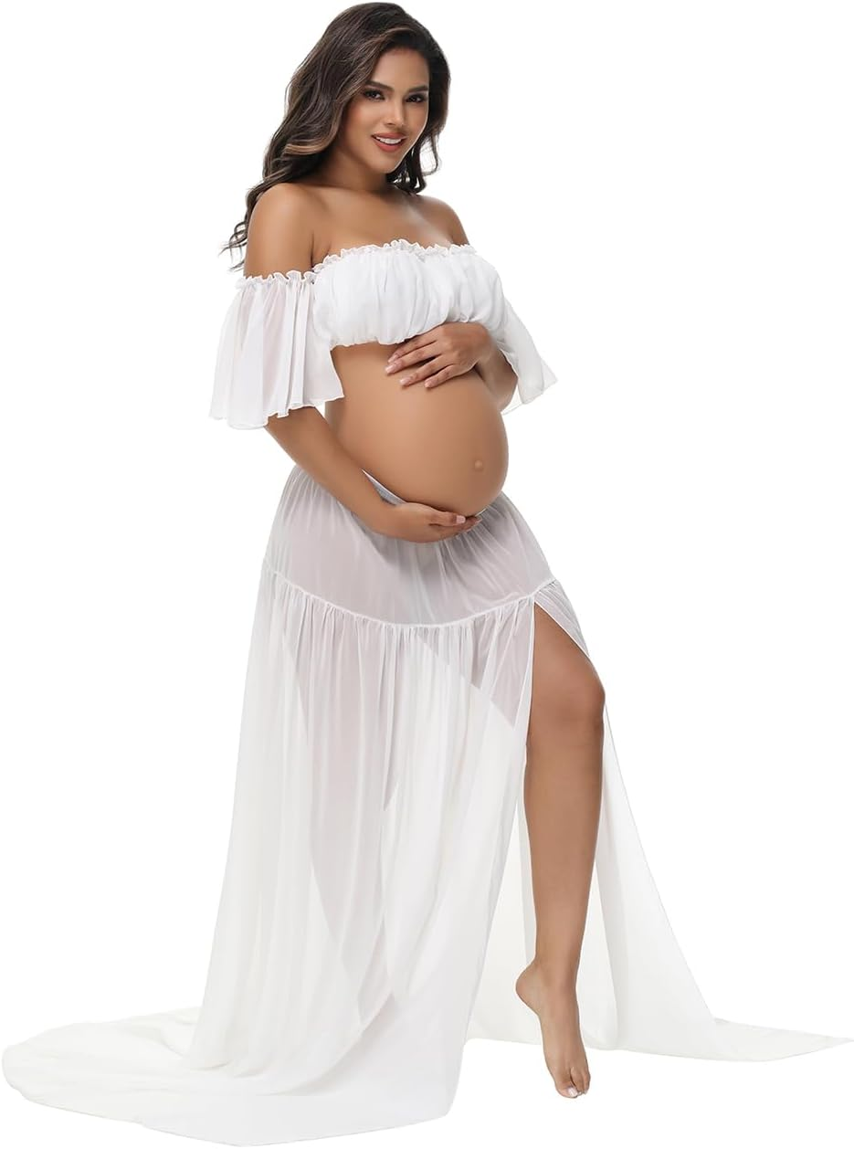 Justvh Maternity 2 Piece Outfits Dress Chiffon Tube Top Ruffle Sleeves Split Skirt for Photoshoot Baby Shower image number 3
