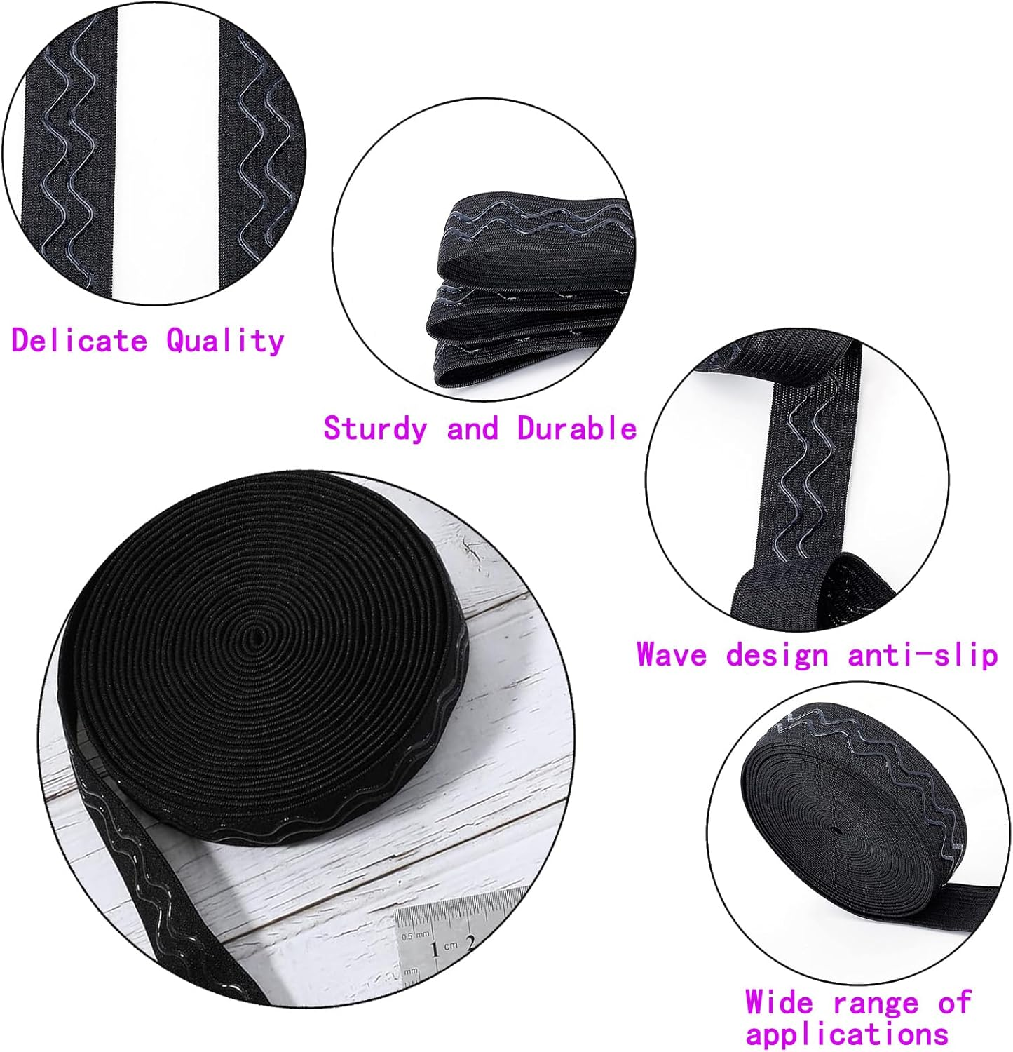 5 Yds Non-Slip 20Mm Elastic Ribbon, Wave Silicone Grip Tape, Stretchy Rubber Straps for DIY Sewing Crafts, Sports Gear, Waistbands - Durable, Flexible & Stylish Black Bands image number 5