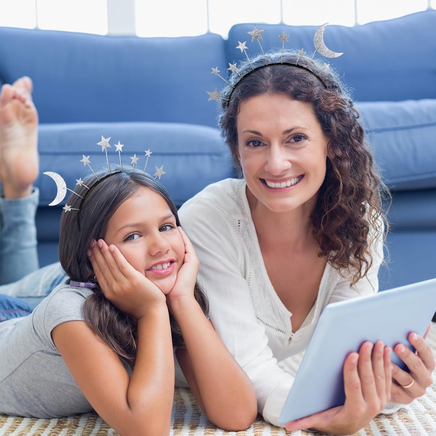 Headband Stars, Glitter Stars Moon Headbands, Silver Glitter Star and Moon Hair Accessories, Metal Glitter Princess Star Headband for Christmas, Carnival, Birthday Party