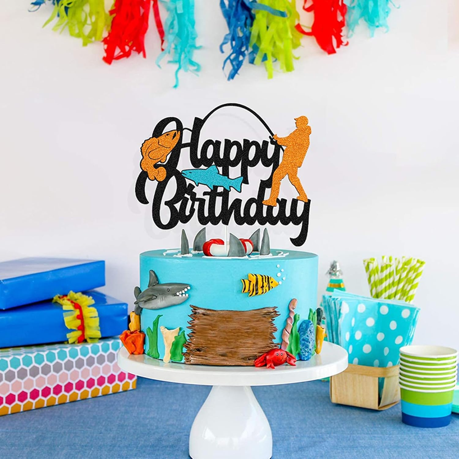 1Pc Fishing Cake Topper Glitter Fisherman Birthday Cake Pick Outdoor Gone Fishing Themed Men Boys Birthday Party Cake Decoration Supplies image number 4