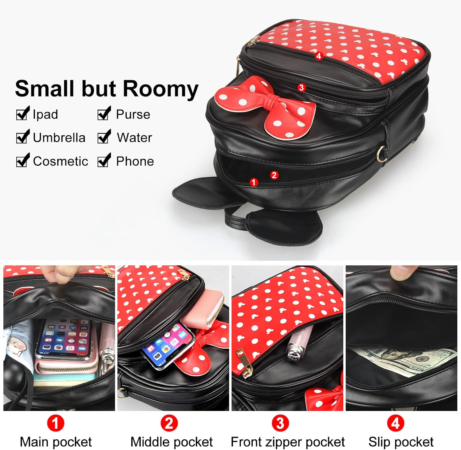 Disney Leather Backpack for Girl Bowknot Polka Dot Cute Minnie Mouse Backpacks for Toddler Little Girl Backpack Kids Backpack