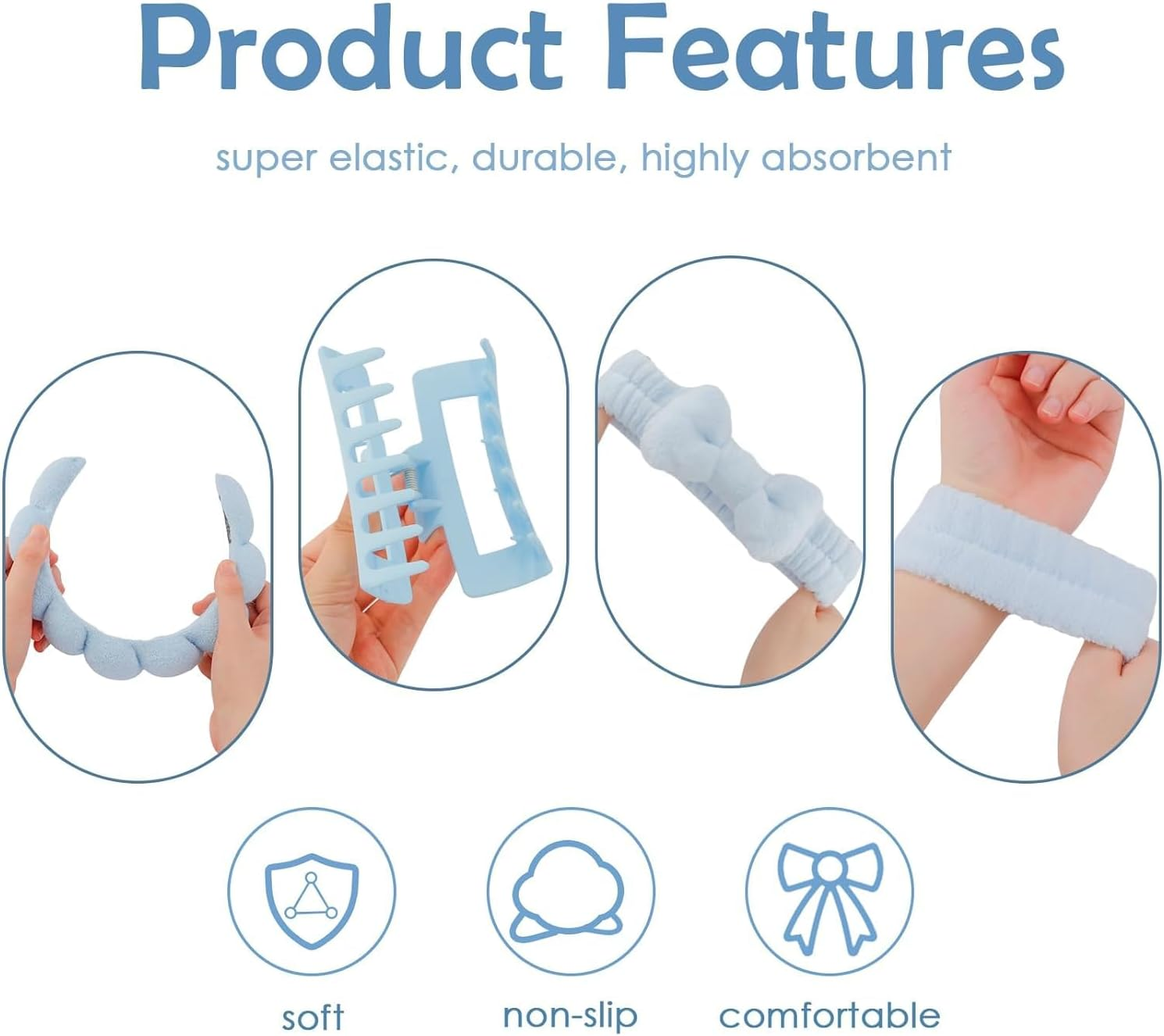 Blue Spa Headband and Wristband Set for Skincare, Prevent Water Slipping and Keep Hair Away with 2 Styles (Blue) - Geiwogwc image number 2