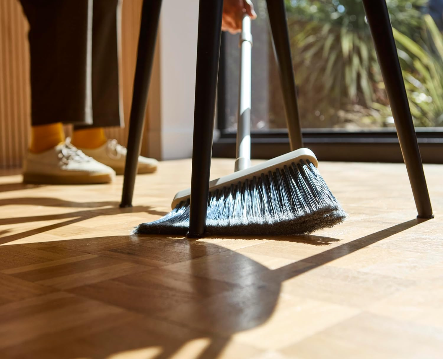 Joseph Joseph Cleantech Wall-Mounted Adjustable Long Handle Broom Sweeper with Dust-Shield Storage, Indoor Sweeping Floor Brush with Soft Bristles and Comb