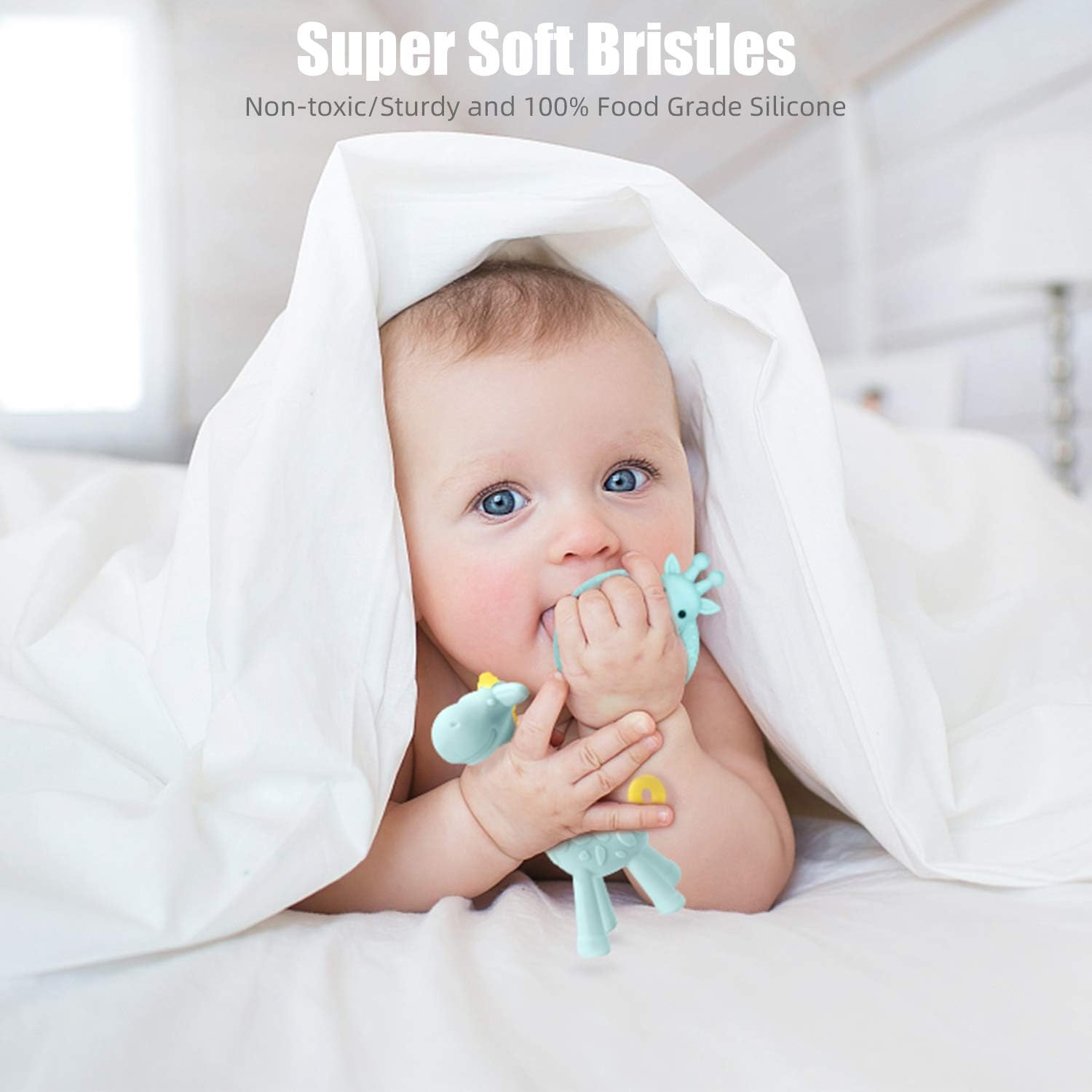 SHARE&CARE BPA Free 2 Silicone Giraffe Baby Teether Toy with Storage Case, for 3 Months above Infant Sore Gums Pain Relief, Set of 2 Different Teething Toys (Blue) - Blue image number 4