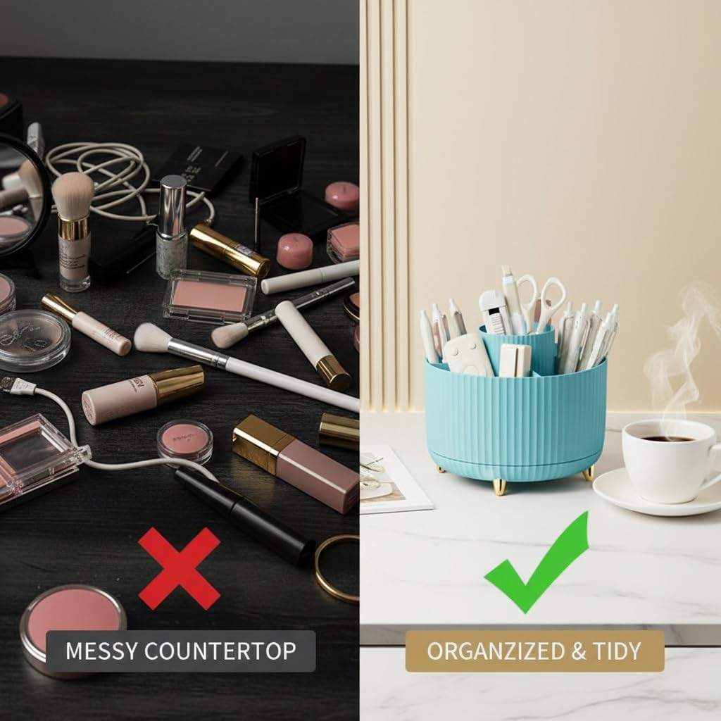 Spinning Makeup Brush Holder, 360&deg; Rotating Makeup Brush Organizer with 5 Slots, Large Capacity Cosmetic Storage Cup for Makeup Brushes, Lipsticks, Nail Polish, Bathroom Vanity Organizer(Blue) image number 2