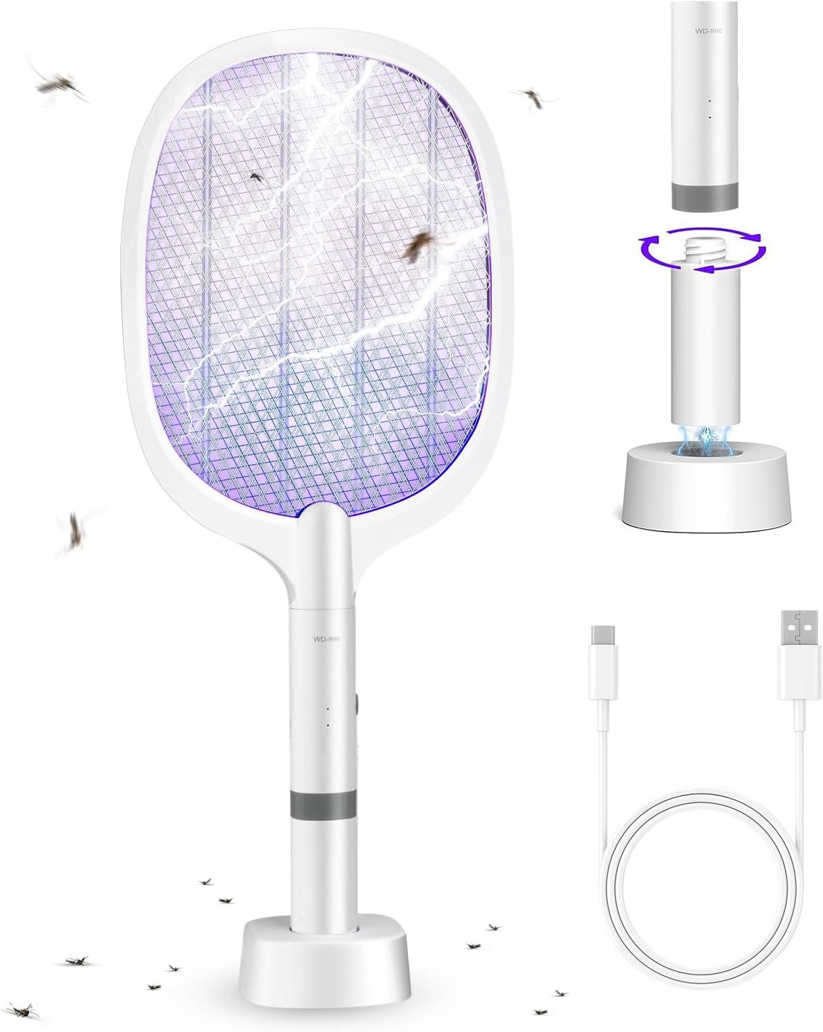 WEKUBA Electric Fly Swatter, with Base for Rechargeable, 6 Lamp Beads Mosquito Zapper, 1200 Mah Battery Fly Swatter, 3 Layer Safety Mesh, for Bedrooms, Homes, Backyard Gardens image number 3