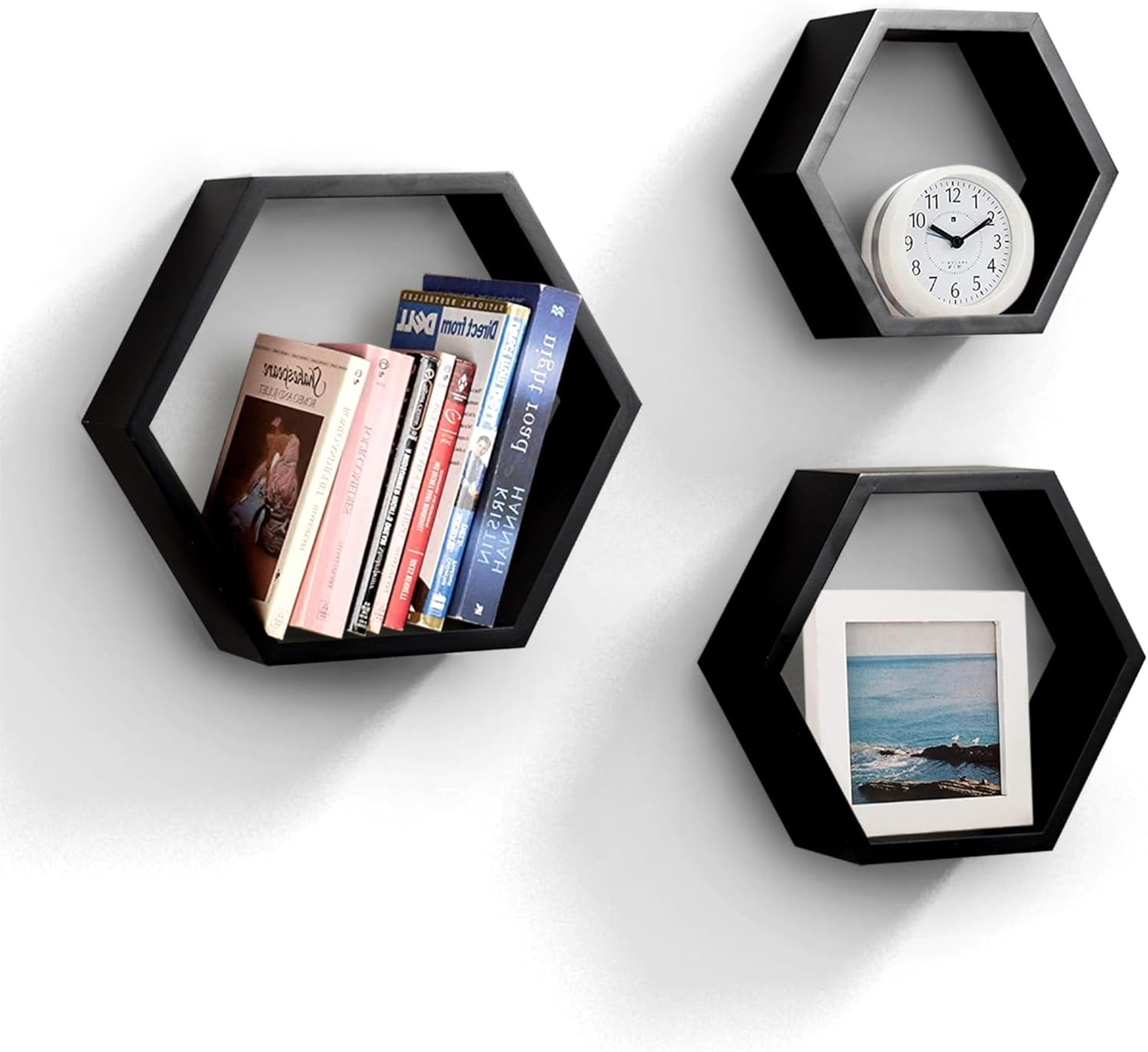 Floating Shelves, XICEN 3 Set Wood Hexagon for Wall Decor, Farmhouse Honeycomb Shelves for Living Room Decor, Bedroom, Living Room, Bathroom, Durable, Stylish & Versatile (Black)