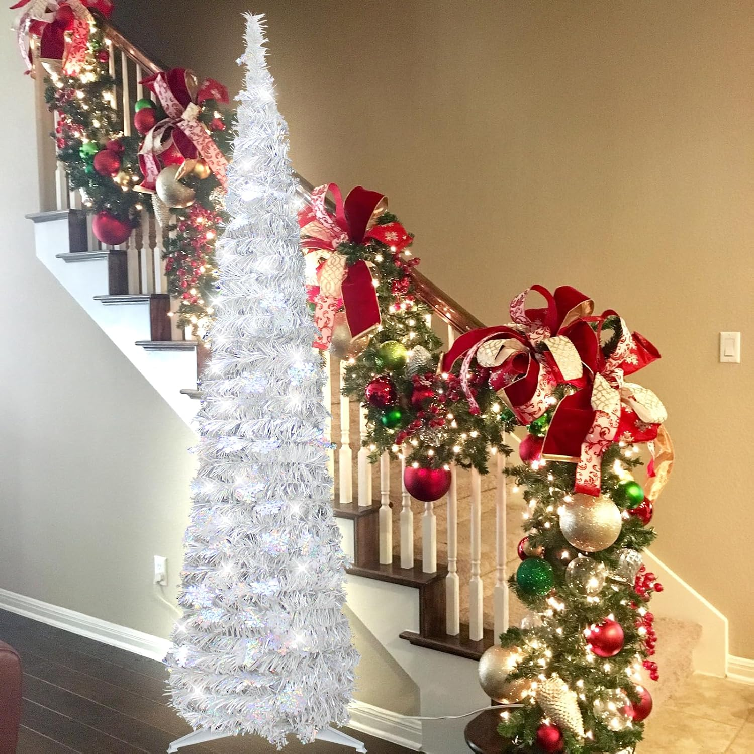 5FT Pop up Christmas Tree for Indoor Decoration Pre-Lit Mini Christmas Tree with 60 Lights, Silver White Artificial Pencil Tree Collapsible Tinsel Lighted up Christmas Tree with Snowflake Glitter image number 3