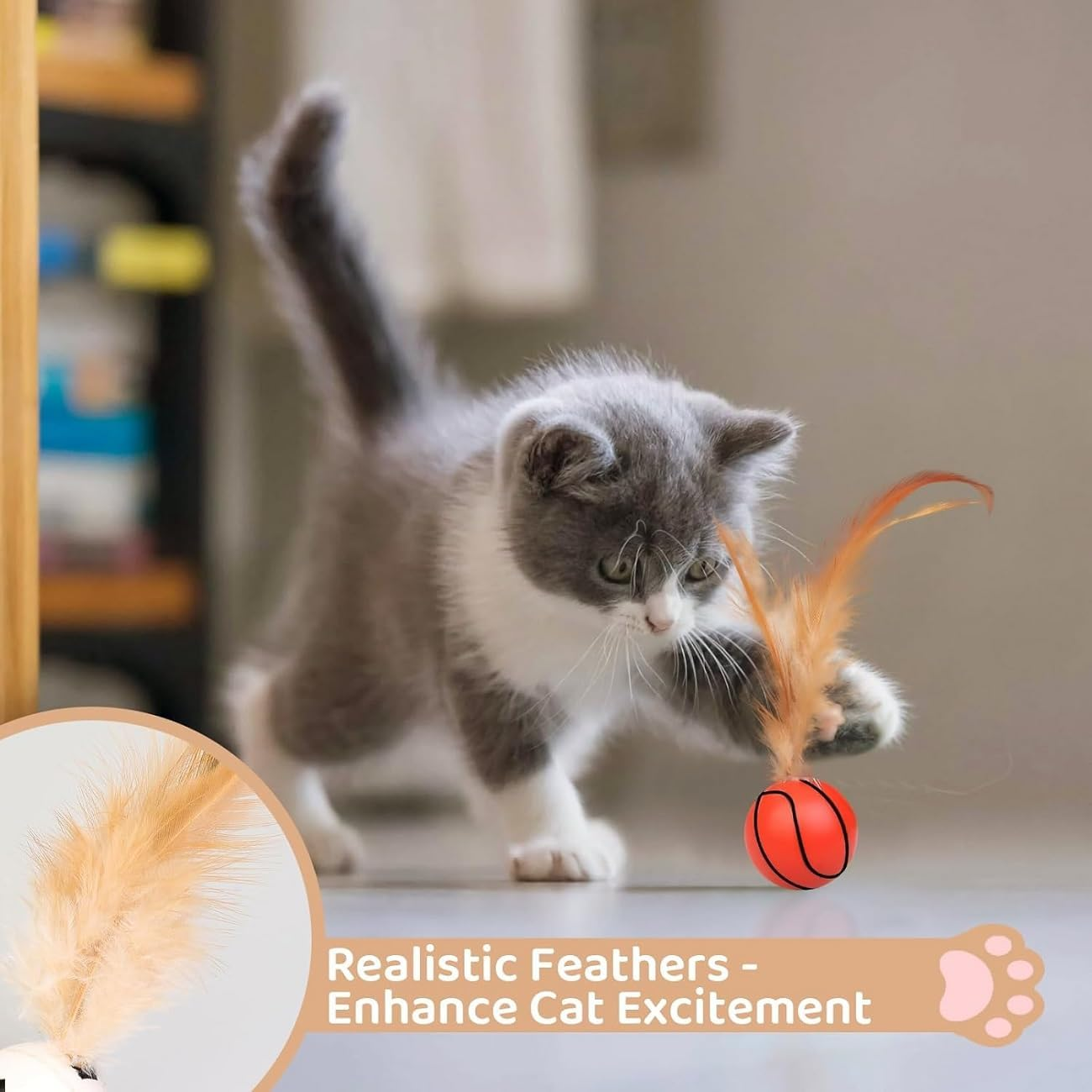 WADY 3PCS Interactive Feather Ball Toy for Cats - Bouncy Cat Toy with Elastic Tails, Indoor Rolling Exercise Ball for Kitty Play, Soft Feather (3) image number 6