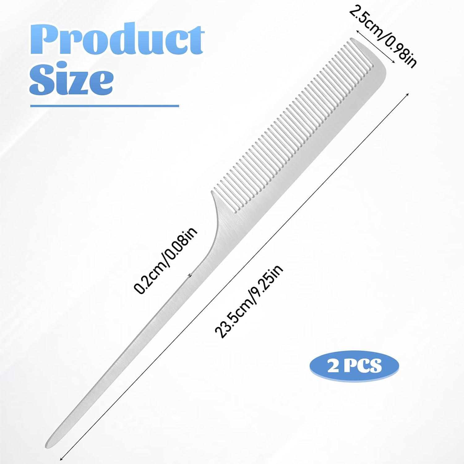 Pack of 2 Handle Combs Stainless Steel Style Comb Hair Comb with Long Metal Handle Fine Cutting Comb for Barber Hair Styling Men and Women (Silver)