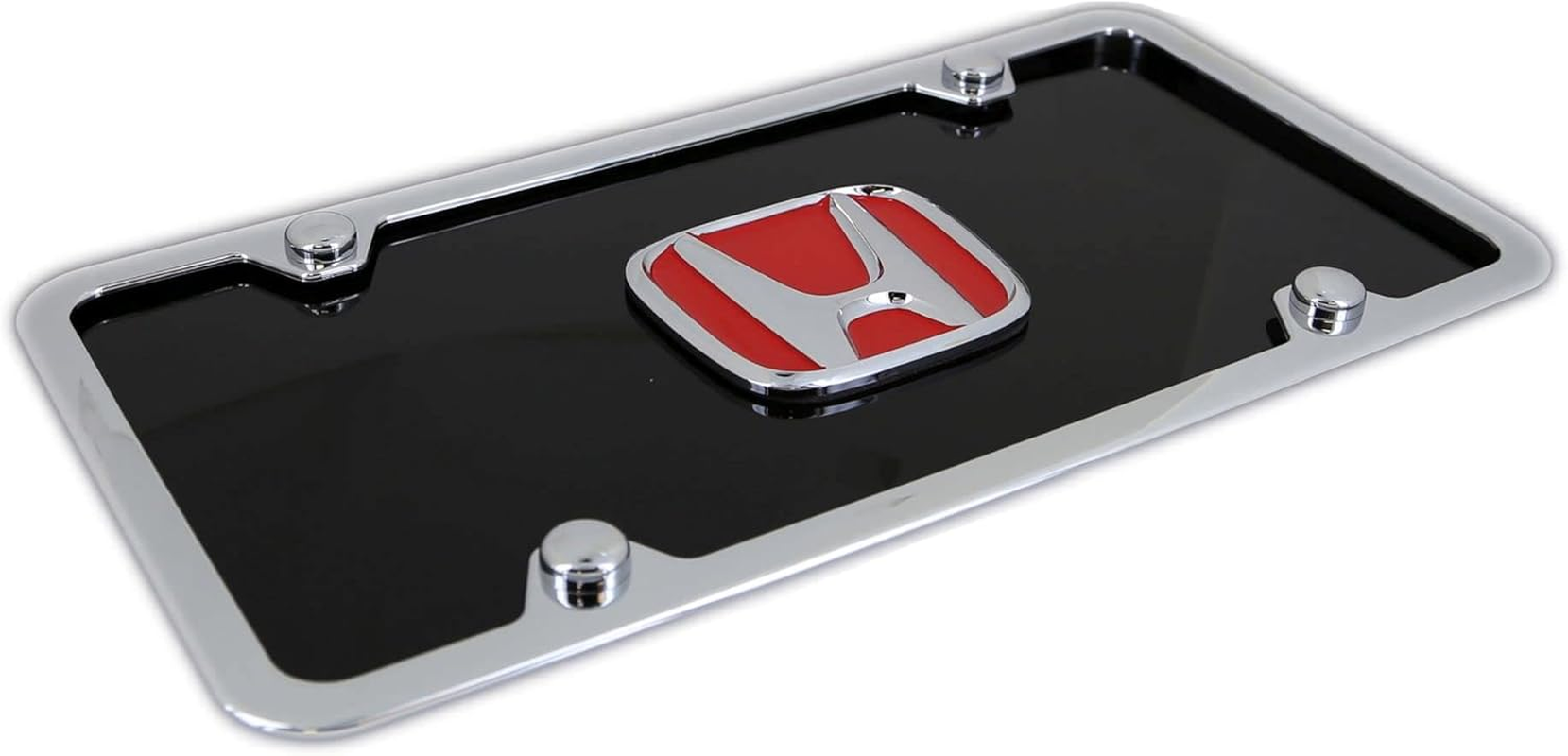 Honda Red Logo Black Acrylic License Plate with Chrome Frame Kit image number 3