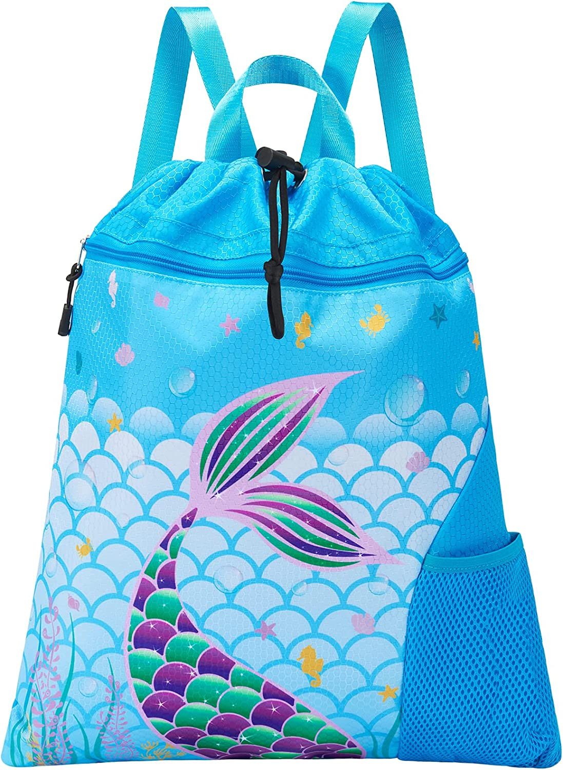 WAWSAM Gym Drawstring Backpack - Sports Gym PE Bag for Kids Waterproof Swimming Beach Backpack with Zippered Pocket and Water Bottle Holder