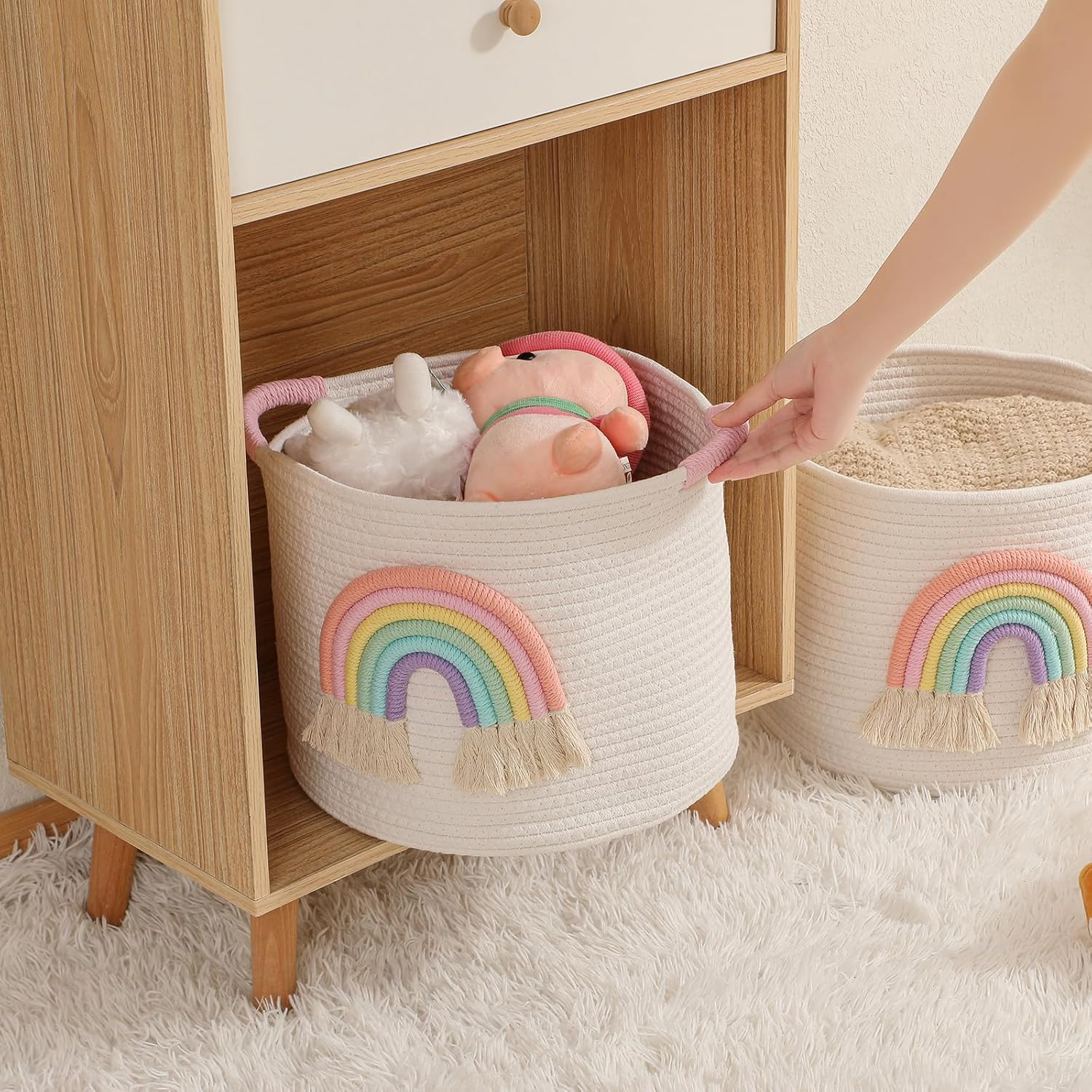 Inough Toy Storage Baskets Woven Cotton Rope Storage Basket with Rainbow Decor for Kids, Blanket Baskets for Living Room Toys Organizer Rainbow Baby Gifts Basket with Handle for Girls Nursery Playroom image number 6