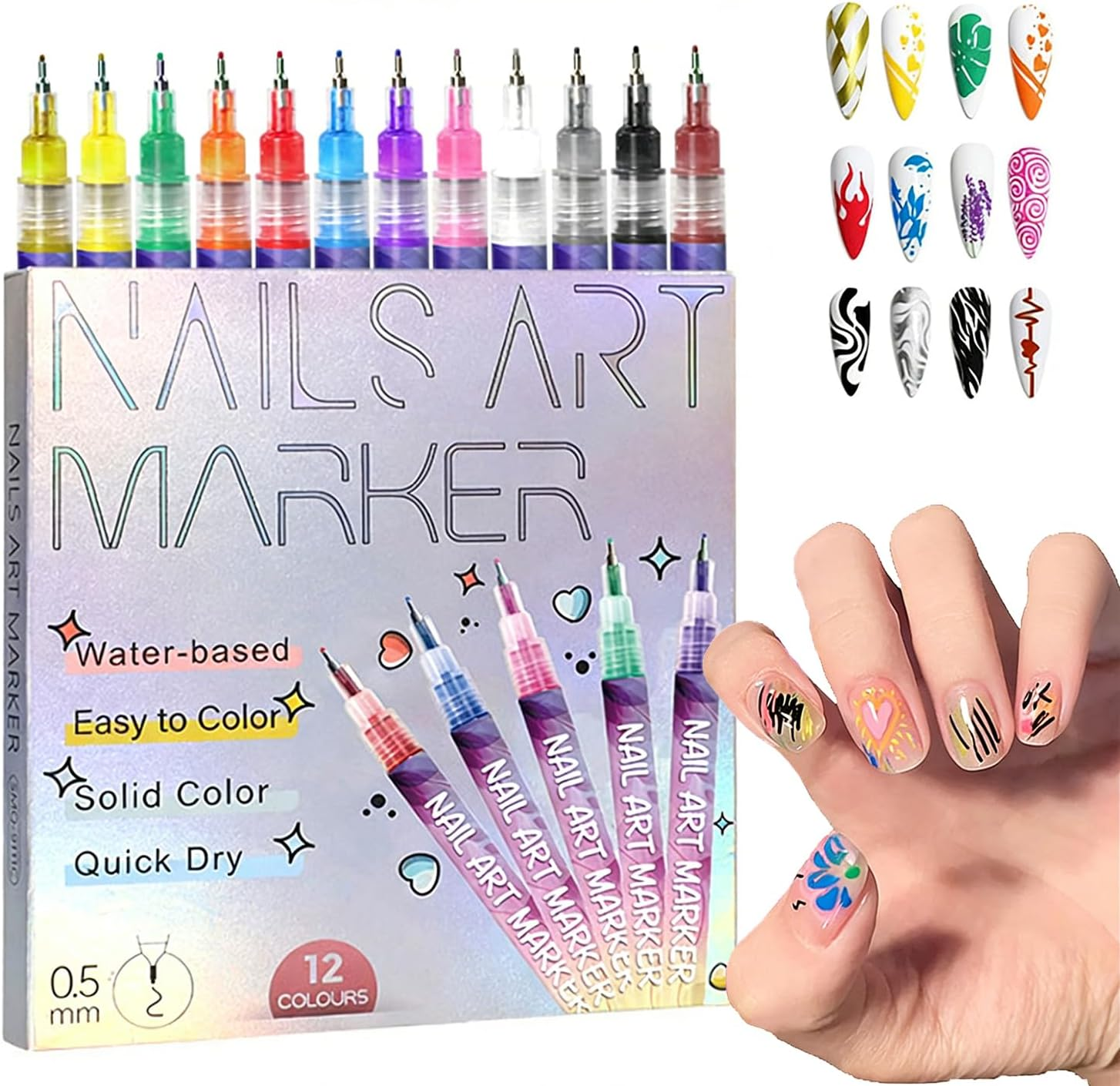 12 Colors Nail Art Pens Set, Quick-Dry 0.5Mm Tip Nail Art Markers Polish Pens, 3D Dotting Drawing Painting Point Liner Pen for Home Salon Nail DIY Design Manicure Tool image number 2