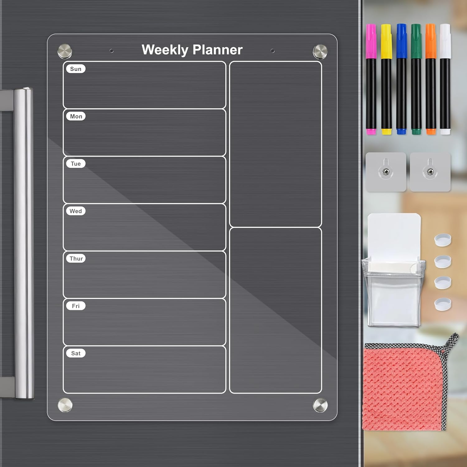 Acrylic Fridge Planner, 30 X 20 Cm Magnetic to Do List, Weekly Meal Planner Magnetic Fridge, Including 6 Wet Erase Markers, Marker Holder, Silicone Pads and Wipe Cloth.