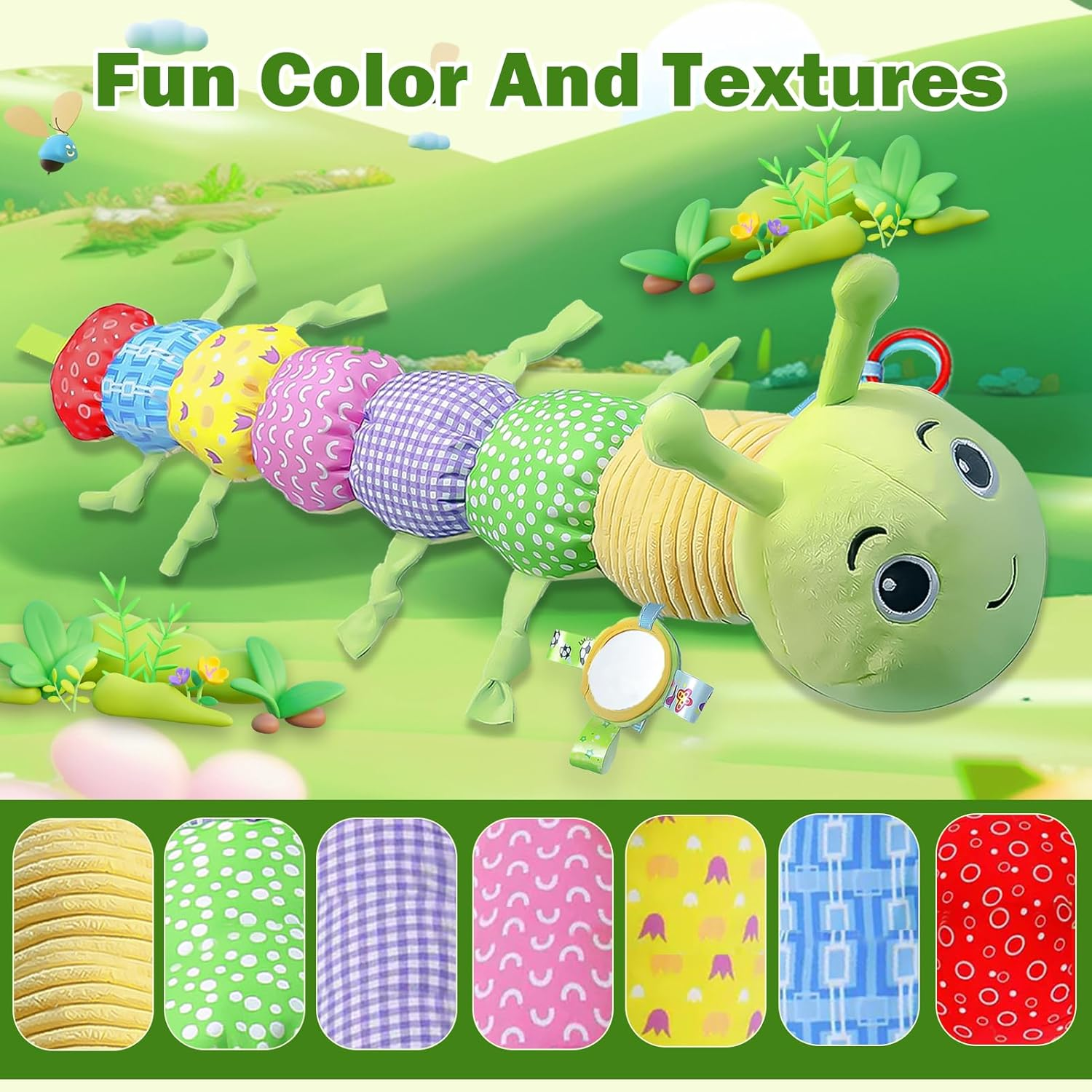 Baby Sensory Toy 0-6 Months Tummy Time Musical Stuffed Animal Caterpillar Toy with Baby Mirror Crinkle Rattle and Rattles for Infants 6-9-12 Months Newborn Girls Boys Baby Gift image number 2