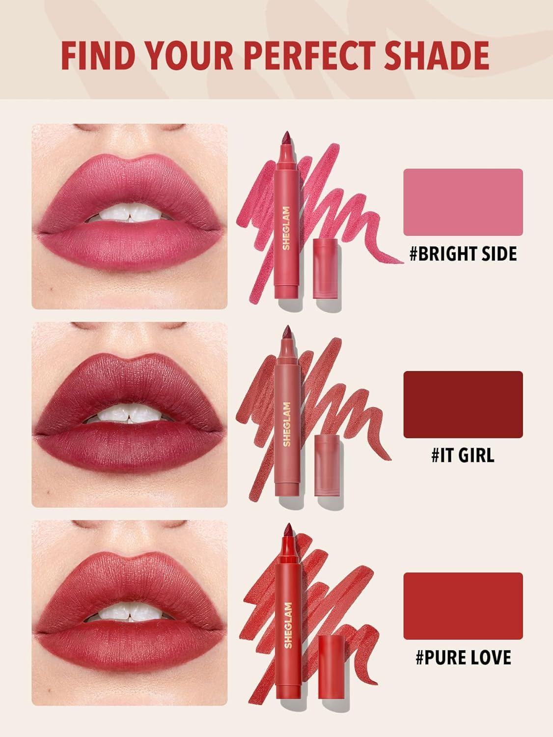 SHEGLAM Love Stained Lip Tint Marker Matte Red Lip Stain Pen Highly Pigmented Long-Lasting Lip Liner Contour Tint Lip Makeup-It Girl - Bright Side image number 5