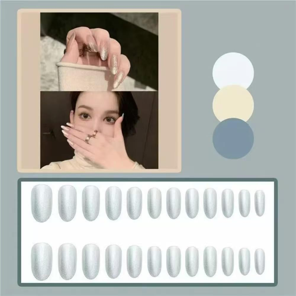 Ztcily False Nails Long Almond White Shiny False Nails French with Glue Accessories or Gift Idea for Christmas New Year Valentine'S Day Wedding