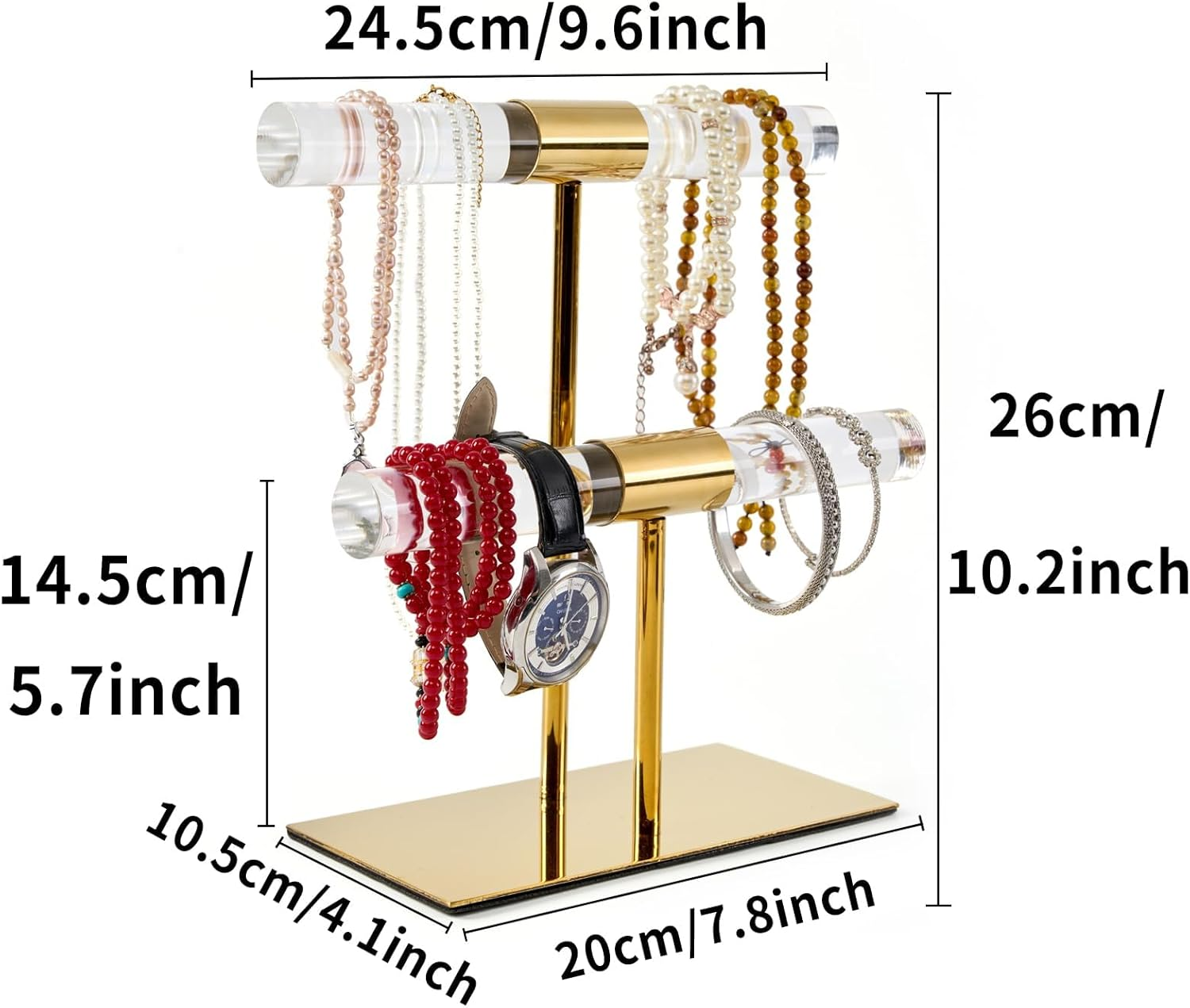 UPAUS Display Stand Acrylic Jewelry Towers, 2-Tier Gold Stainless Steel Jewelry Display Stand, Crystal T Bar Jewelry Organizer, Long Necklaces Stand Holder, Home Decor for Store Boutique Vendors image number 3