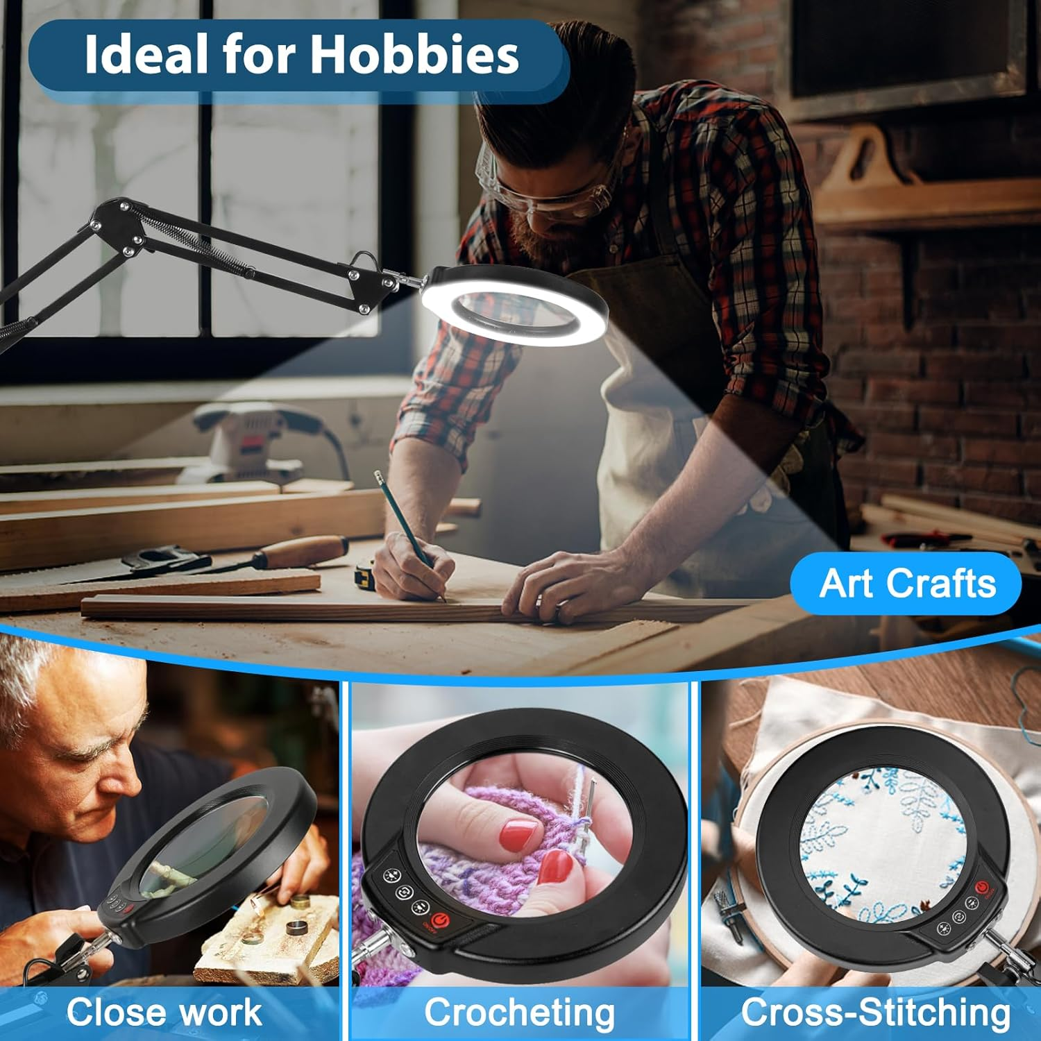 10X Magnifying Glass with Light and Clamp, 5 Color Modes Stepless Dimmable Real Glass Lighted Magnifier, Hands Free LED Magnifying Desk Lamp for Painting Craft Close Work Reading Repairing image number 1