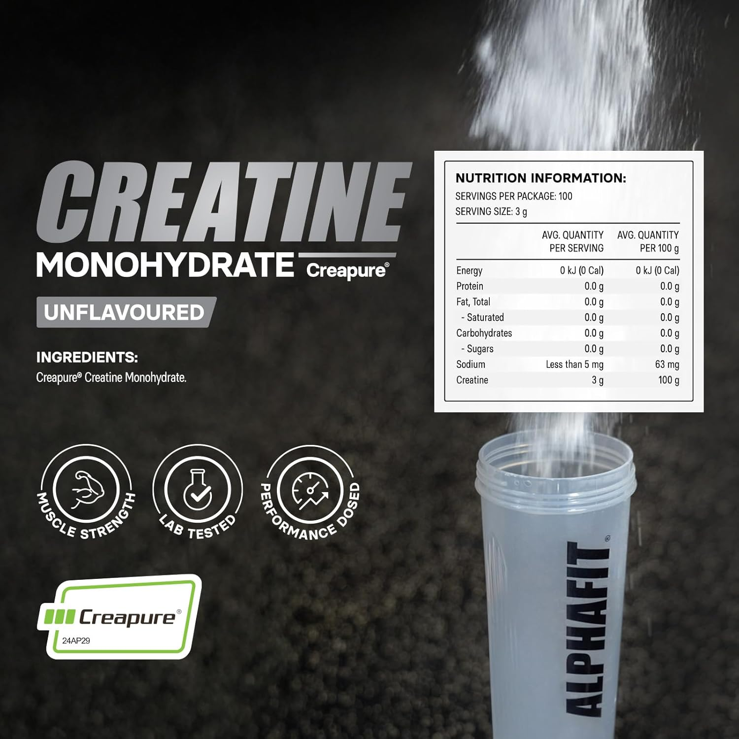 ALPHAFIT Creapure&reg; Creatine Monohydrate Powder, Muscle Growth & Power, Unflavoured, HASTA Certified, 300G (100 Serves) image number 1