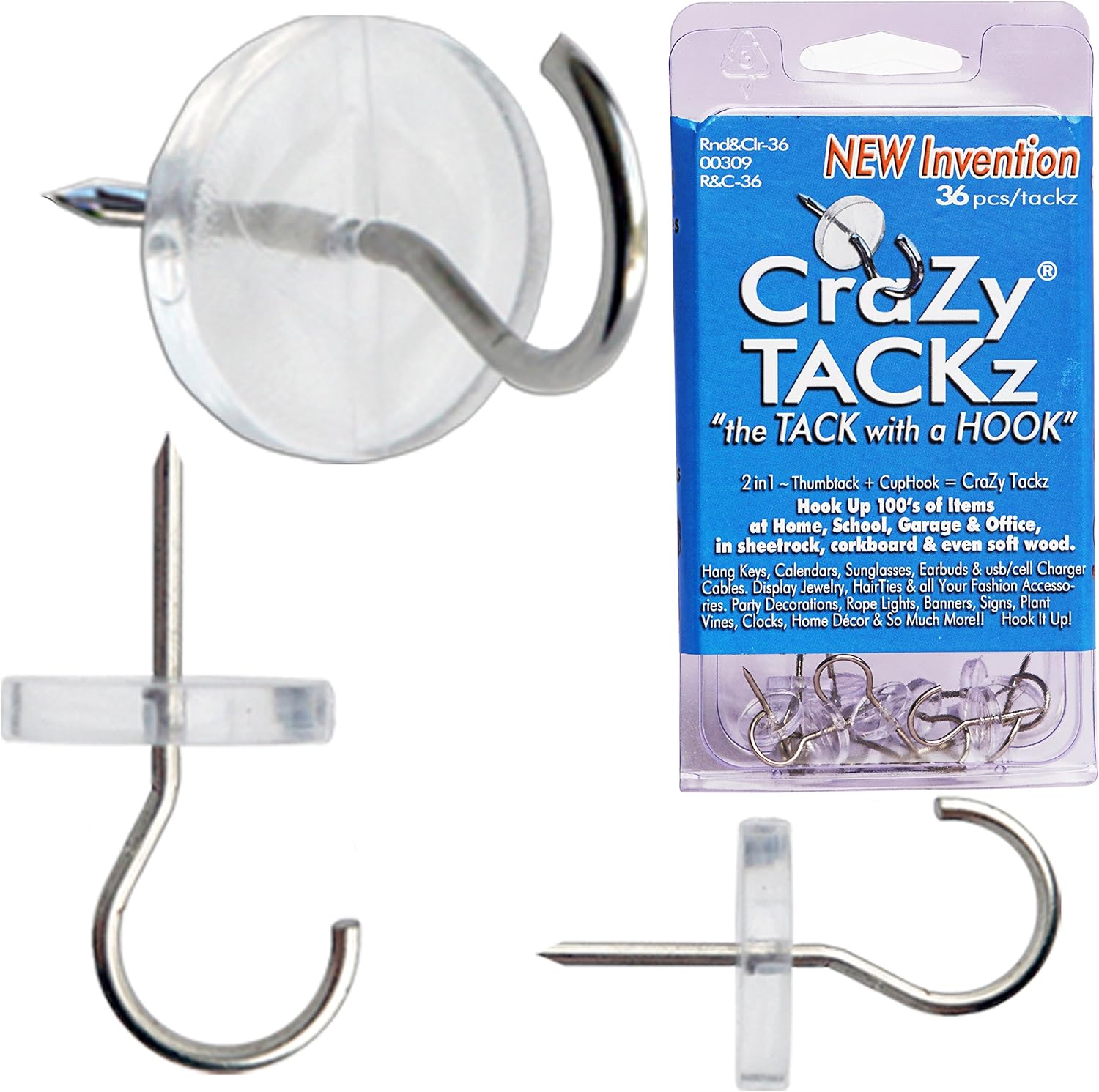 Crazy Tackz - 2 in 1: Push Pin with Hook or Thumb Tack with Hook - New Invention Hang 100'S of Items Interior or Exterior Decor at Home School Office DIY for Party or Holiday