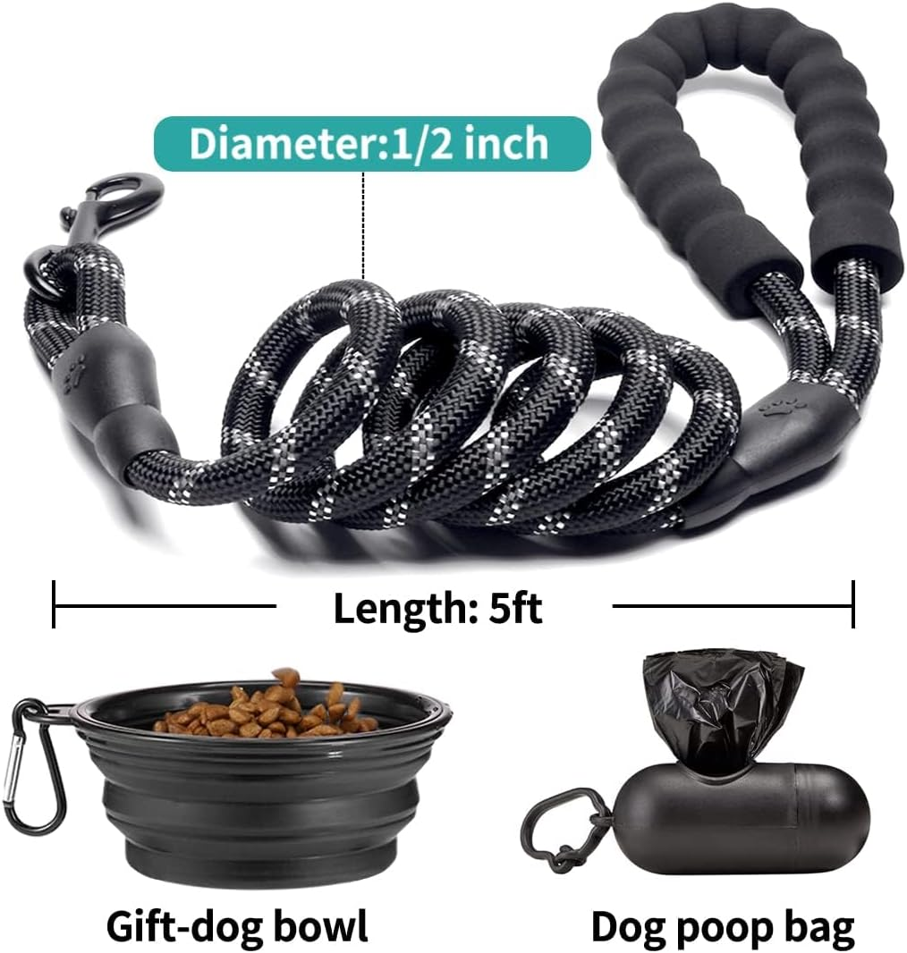 MIDAGAS Dog Leash 5 FT Heavy Duty Pet Leashes with Comfortable Padded Handle, 360&deg; Swivel Metal Catch, Highly Reflective Threads Leash for Medium Large Dogs, with Collapsible Pet Bowl and Garbage Bags image number 3