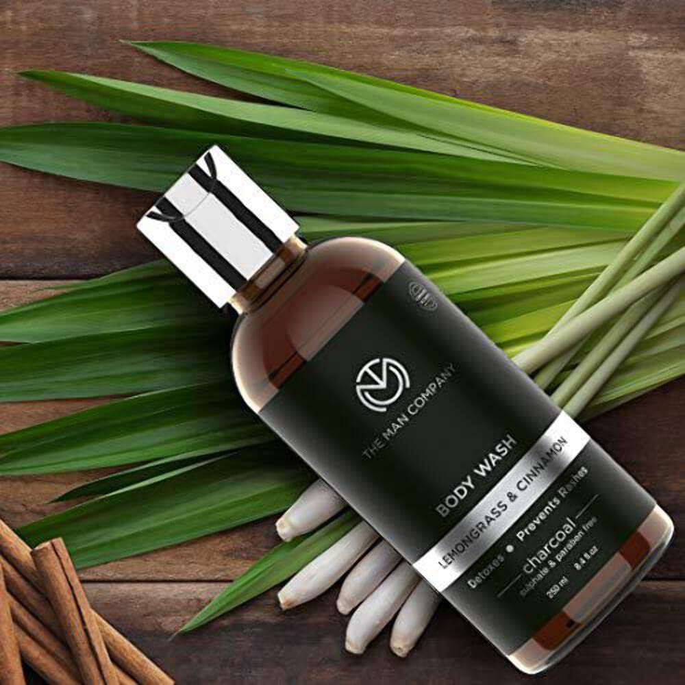 The Man Company Mens Body Wash, Charcoal Body Wash for Acne (8.4 Oz) - Exfoliating Body Wash with Lemongrass & Cinnamon, Shower Gel for Men Sulfate Free Body Wash, Paraben Free Body Wash