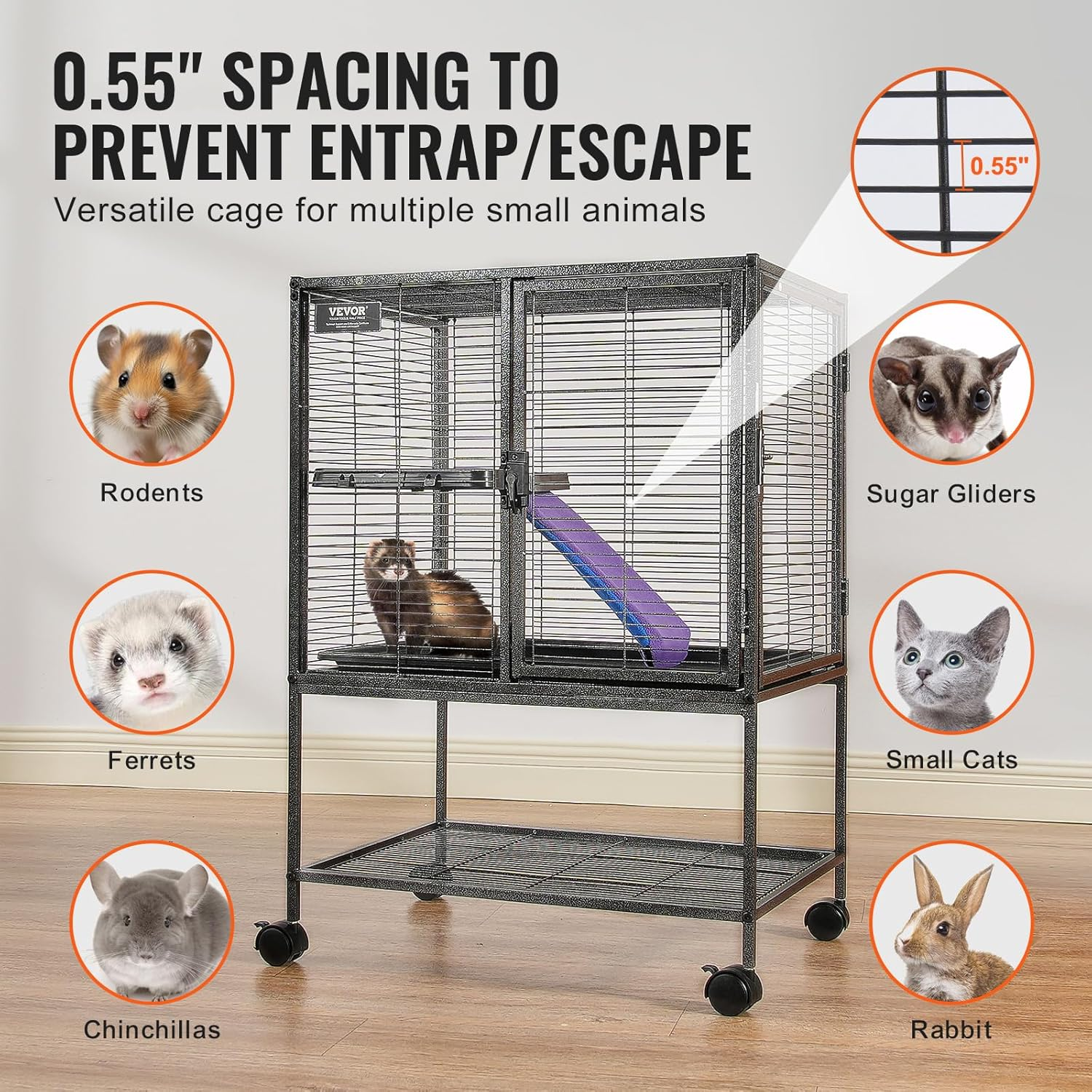 VEVOR 34" Rolling Metal Ferret Cage, Large 2-Tier Critter Nation Cage, Small Animal Cage with Ramps & Tray, Easy to Set up for Pet Rats, Hamster, Guinea Pig, Chinchilla, Squirrel, Hedgehogs, Bunny image number 3