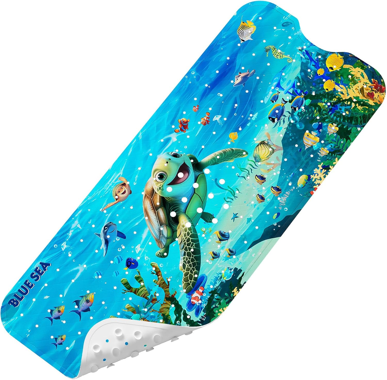 XIYUNTE Baby Bath Mat Non Slip anti Mould, 100X40Cm Extra Long Bathtub Mat anti Slip Shower Mat with Suction Cups and Drain Holes, Cartoon Patterned for Kids, Machine Washable, Sea Turtle