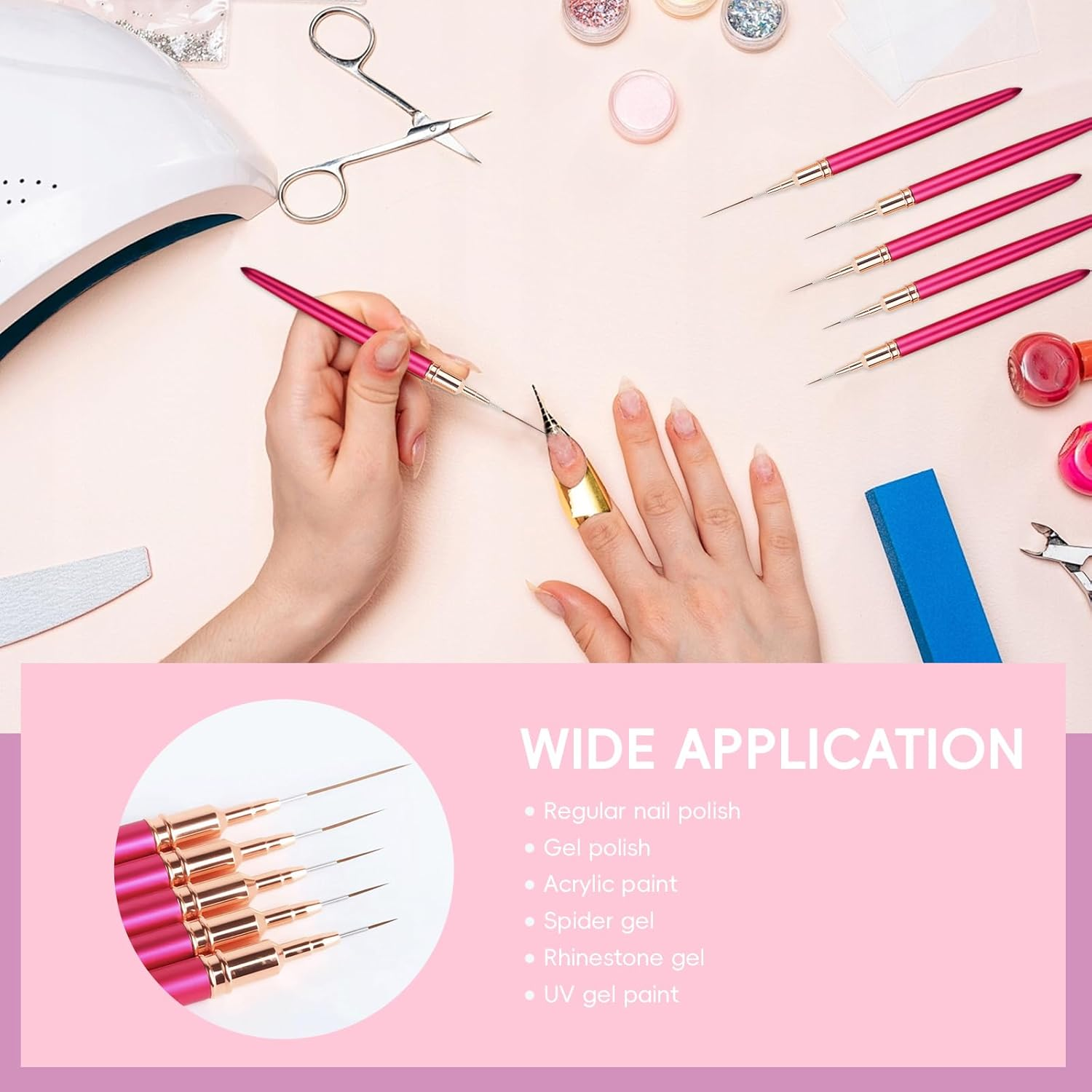 Fine Line Nail Art Brushes for Gel Nails,Nail Art Liner Brushes Set,French Tip Brush Liner Tool Fornail Accessories,Thin Details Fingernails Long Short Line Painting Dotting Fine Drawing Tool,5 Size image number 3