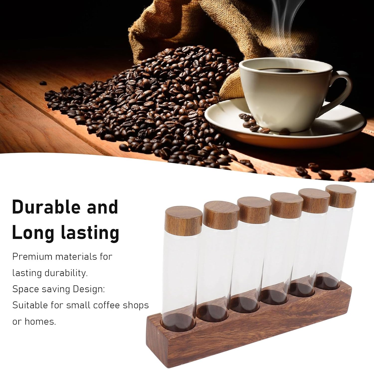 Coffee Bean Cellars, Glass Single Dose Coffee Beans Storage Tubes with Walnut Wood Stand Lid & Funnel, Glass Cellars Single Dose Coffee Bean Container for Cafe Kitchen (6 Tube) image number 5