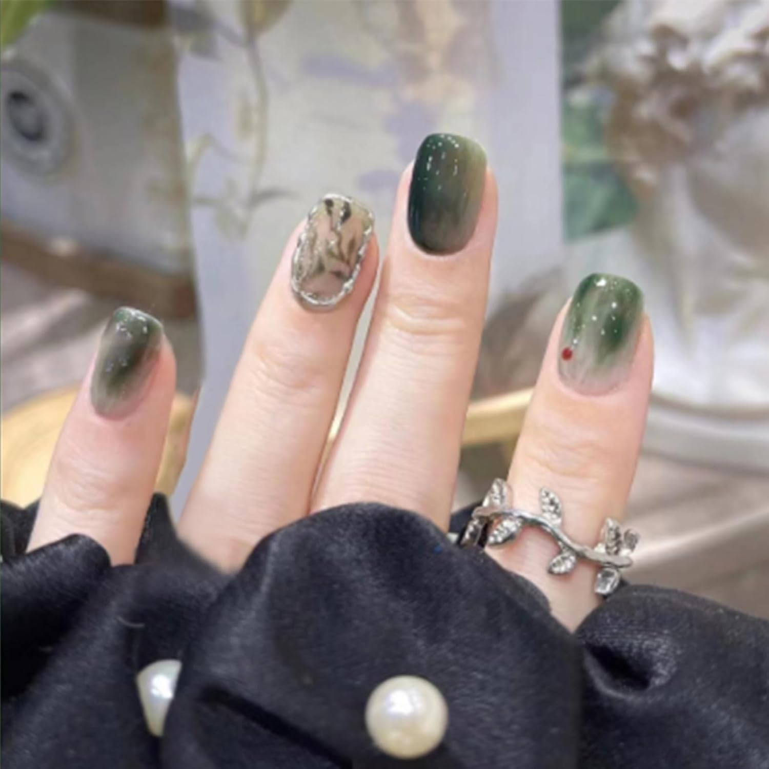 Aikeis 24 Pieces Green Leaves Green Branch Short Oval Nail Stickers Ink Art Design Fake Nails for Women Full Cover Nails Short Nails