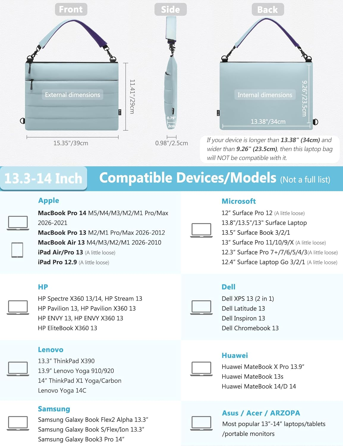 HYZUO 13.3-14 Inch Laptop Sleeve Bag for Macbook Pro 14 M5-M1, Macbook Pro/Air 13, 13" 13.3" Dell/Hp/Lenovo/Asus/Acer/Samsung Notebook, Women Dual Shoulder Bags Work Daily Handbag, Ash Blue image number 4