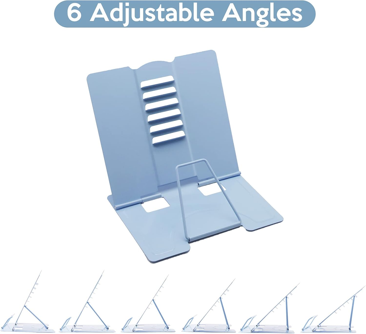 Desk Book Stand Worthplanet Metal Reading Rest Book Holder Lightweight Bookstand with 6 Adjustable Angles and Paper Page Clip for Textbook, Recipe, Magazine, Paper Tablet W160002 (Light Blue) image number 3