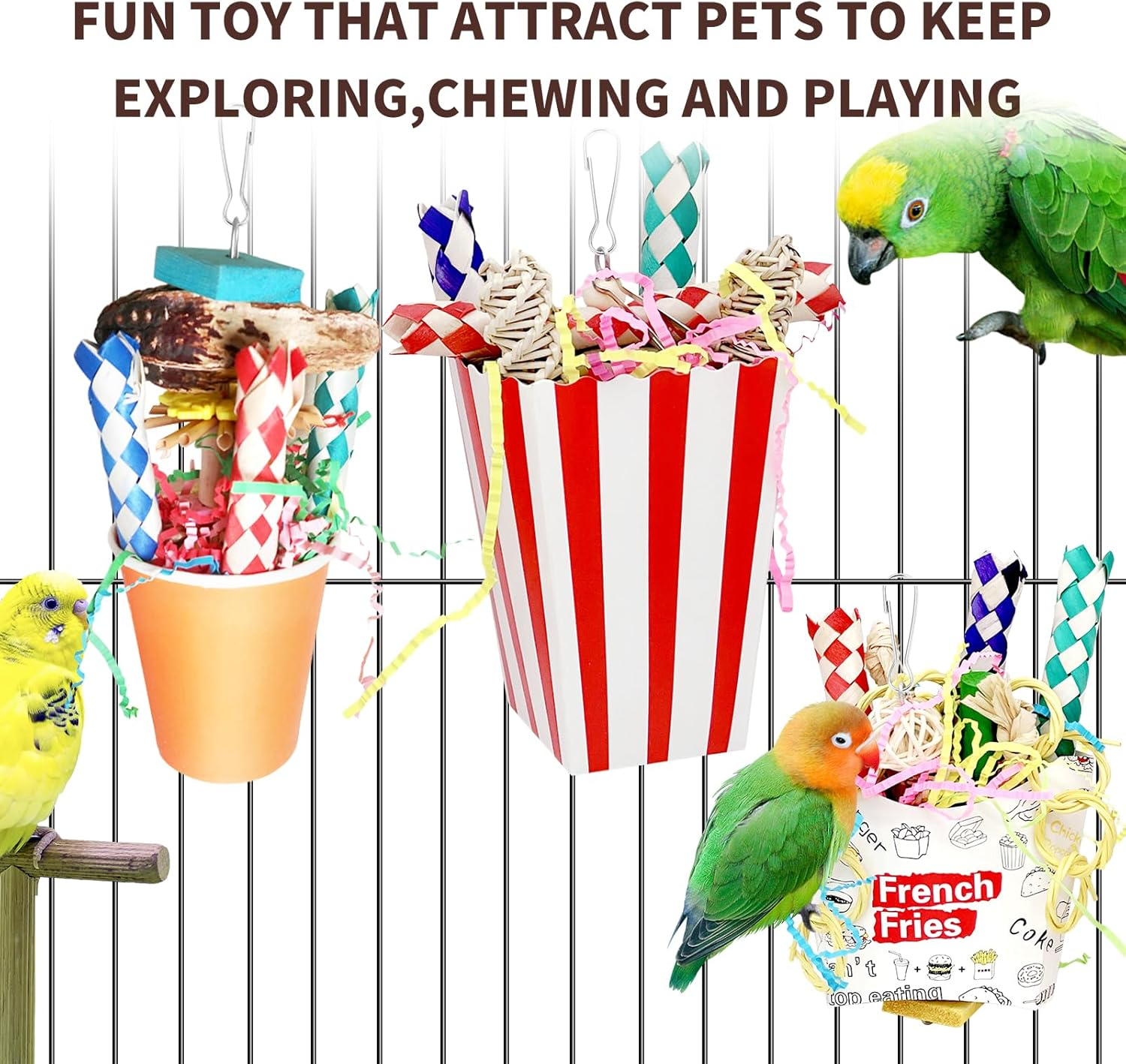 3PCS Bird Shredding and Chewing Toys, Parrot Cage Foraging Hanging Toy, Cage Accessories for Parakeets Finches Lovebirds Cockatiels image number 2