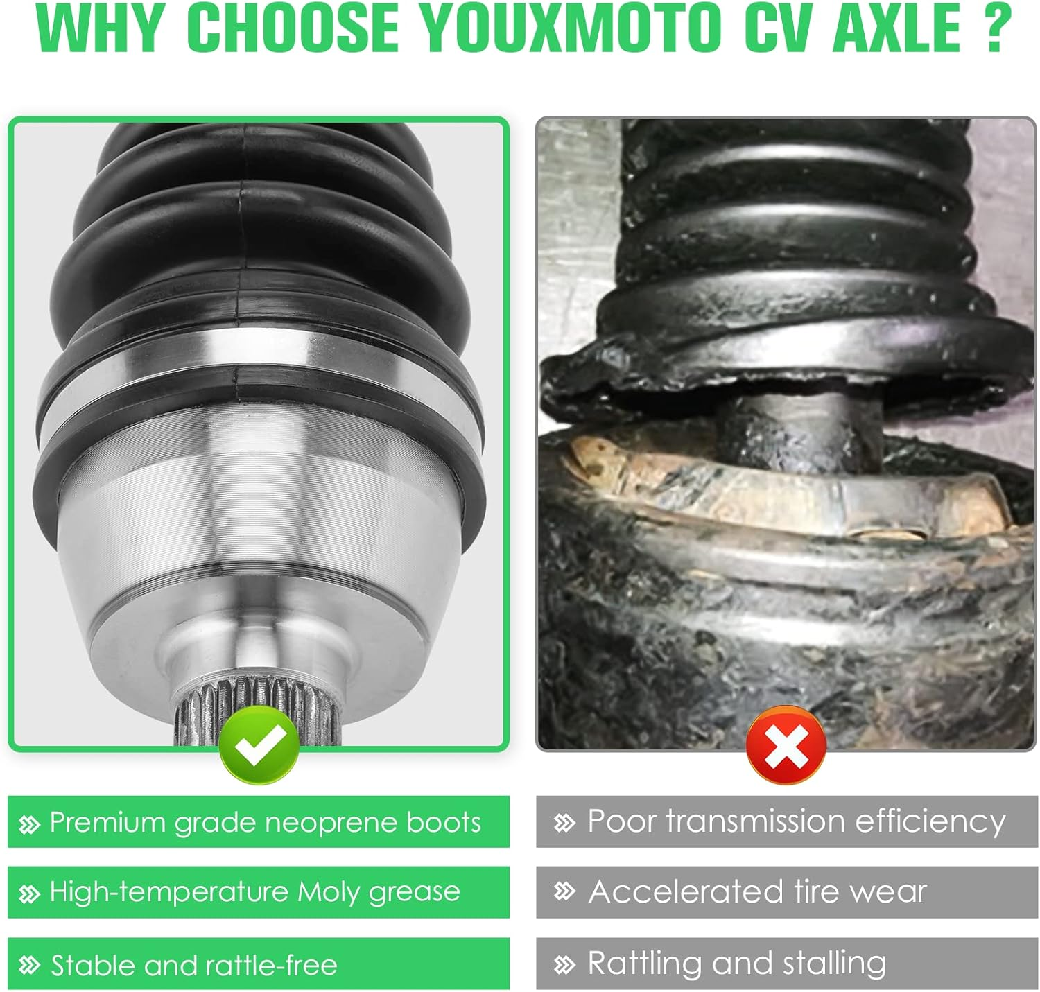 Youxmoto Front Left/Right CV Axle & Wheel Bearing Kit for Polaris Ranger 500 700 800 4X4 EFI 2009 2010 2011 2012 2013 2014 2015 2016, 4340 Chromoly Steel Drive Shaft CV Axles, Fits 1332606, 1332856 image number 6