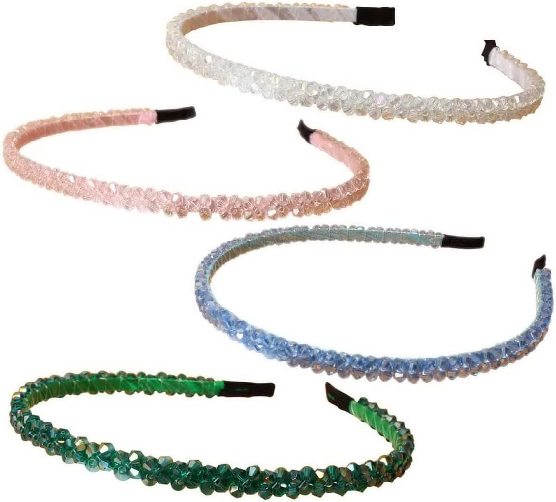 4 PK Crystal Rhinestone Headbands for Women Girls Double Rows Sparkly Beaded Hair Hoops Pink Weave Narrow Hair Bands Hair Accessories (Color B) image number 6