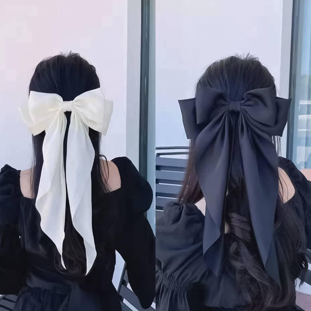 Funalix Bow Hair Clip, Pack of 2 Velvet Hair Bows - Elegant Hair Bow Clips, French Hair Bows for Women Everyday and Special Occasions (Black/White) image number 2