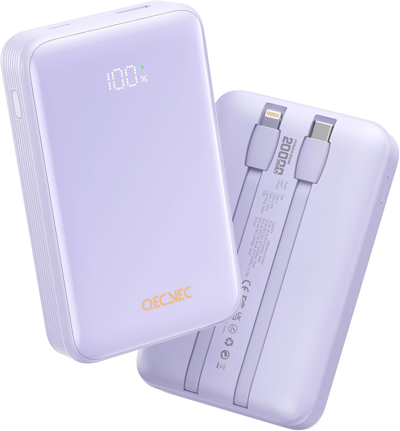 Qecvec Power Bank,Portable Charger 20000Mah with 2 Built-In Cables, 22.5W Fast Charging Battery Pack, LED Display Backup Battery, Travel Battery Pack for Ipad, Iphone Samsung and More (Purple) - Black image number 2