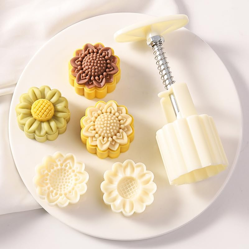 Mooncake Mold with 6 Stamps,Mid-Autumn Festival Hand-Pressure Flower Moon Cake Mould 50G DIY Decoration Mooncake Press Molds (Word)